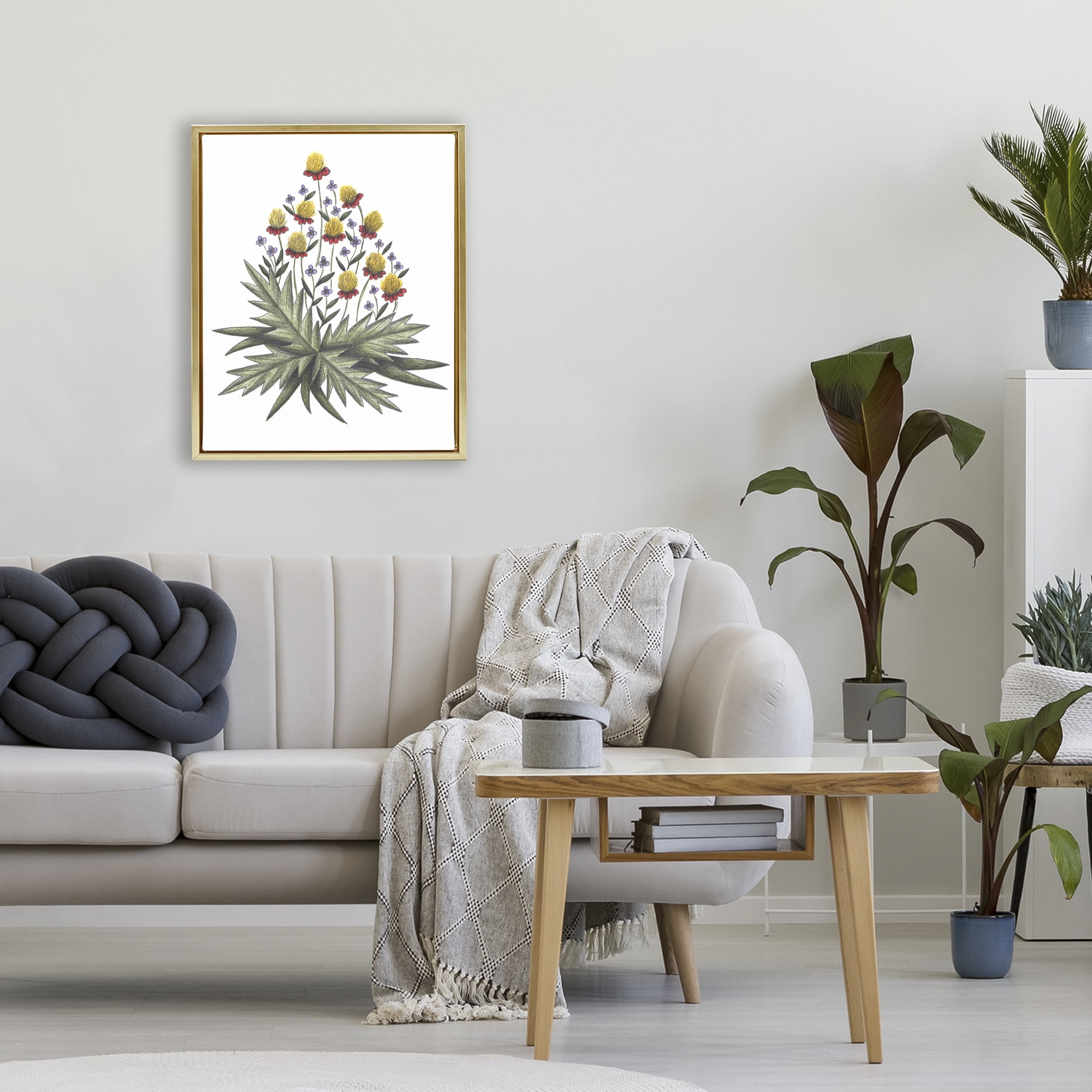 Yellow Leafy Wild Flowers Gold Framed Floater Canvas Wall Art, design by Cecilia Battaini