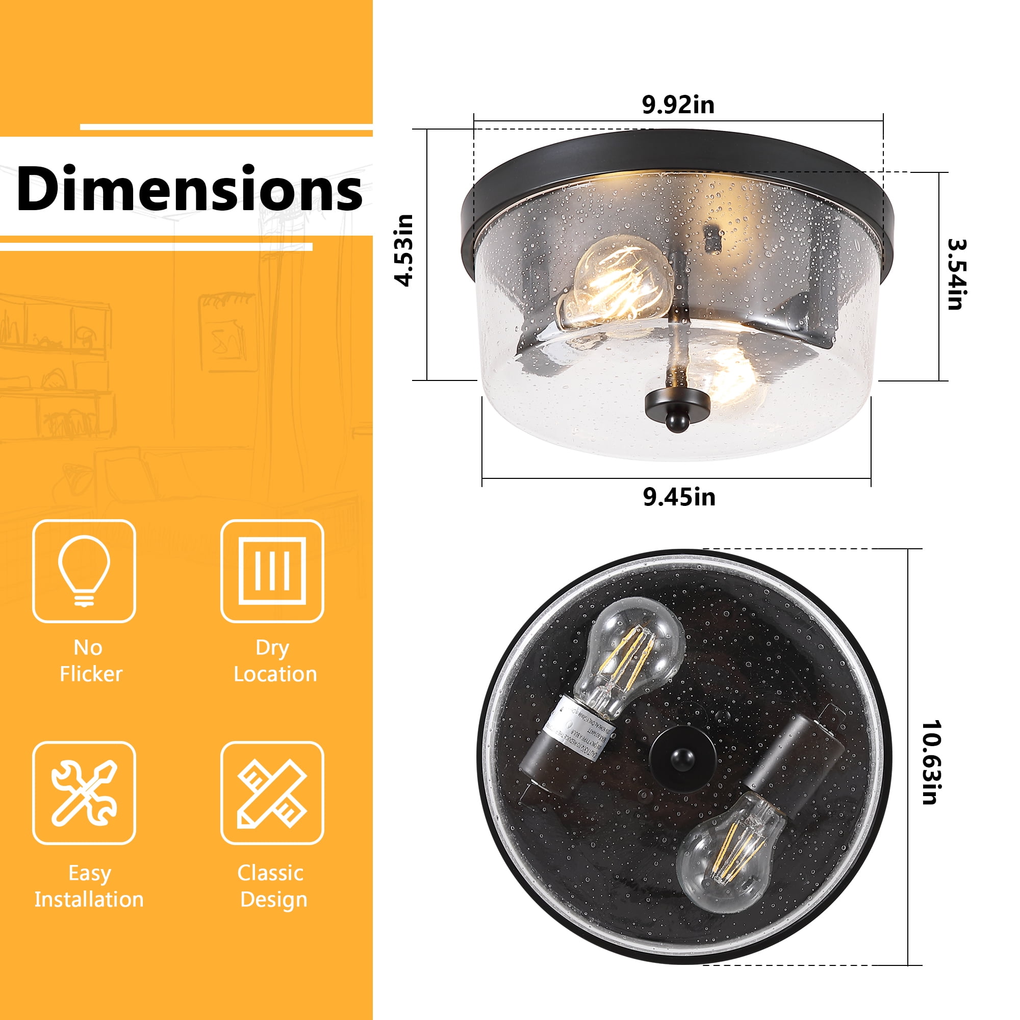 GCGAFUL Modern Black Flush Mount Ceiling Light, Farmhouse Iron Light Fixture with Seeded Glass, for Hallway Kitchen Bedroom