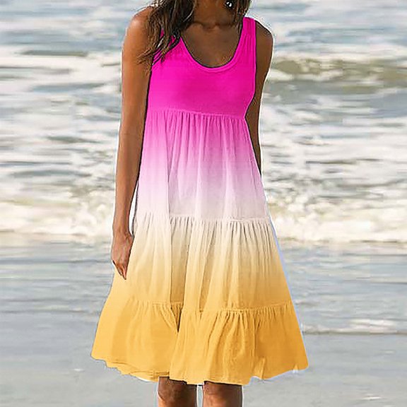 Summer Tiered Dresses for Women 2025 Casual Trendy,Tiered Sun Dresses for Women,Sundresses for Women Beach Sleeveless Spaghetti Strap Dress Tie Dyeing Gradient Ruffle Flowy Pleated Dresses