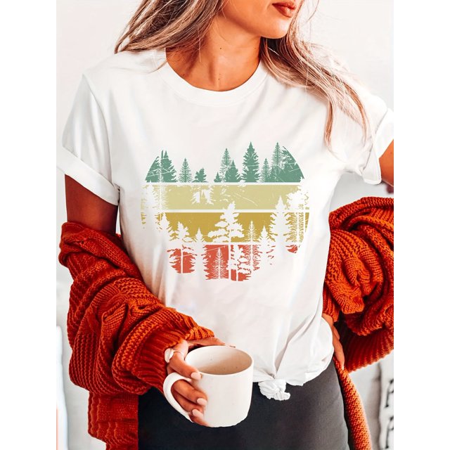 Women's 100% Retro Forest Graphic T-Shirt - Short Sleeve Crew Neck Casual Top with Pine Tree Sunset Print, Lightweight 180gsm Breathable Fabric for Summer & Spring Outdoor Activities, Casual Summer T