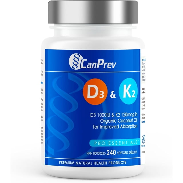 CanPrev - Supplément de Vitamine D3 et K2 240 Gélules Molles Approvisionnement de 240 Jours, Supplément de Vitamine D3 K2 MK7 Cholécalciférol, Huile de Coco Biologique pour une Meilleure Absorption - Aide à Construire et à Maintenir la Santé des Dents et des Os