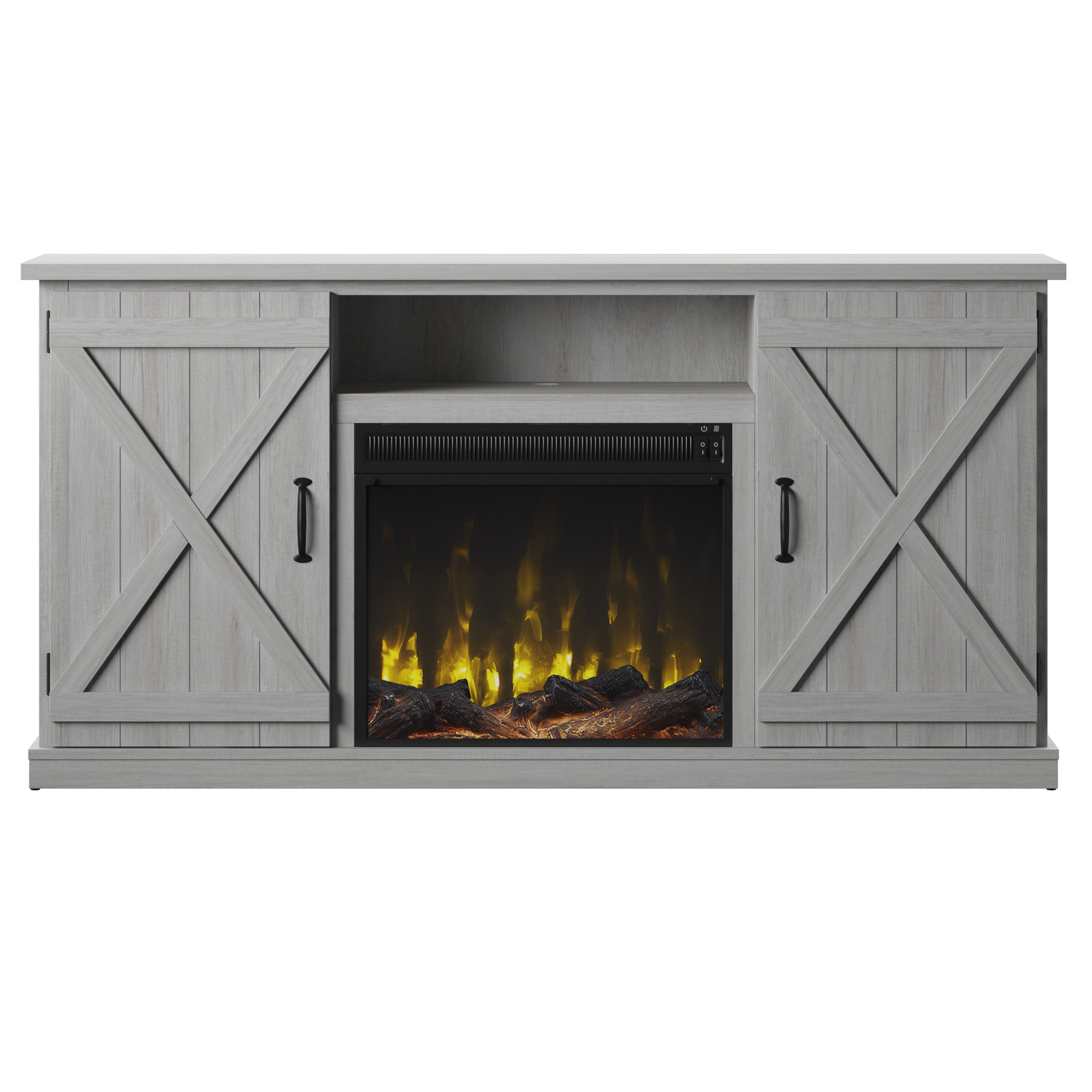 Twin Star Home Barn Door TV Stand for TVs up to 70 inches with ClassicFlame Electric Fireplace, Sargent Oak