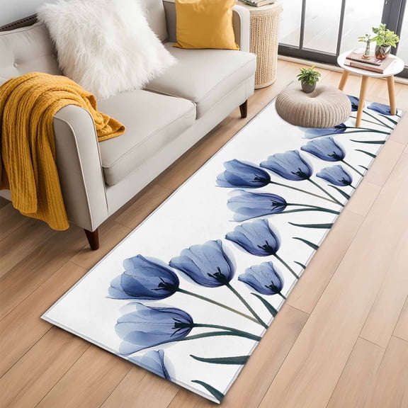 Hallway Runner Rug 2'x6', Blue Tulip Flower Long Non-slip Runner Rugs, Vintage Spring Plant Floral Botanical Outdoor Indoor Throw Floor Carpet Mat for Living Room/Bedroom/Kitchen/Office/Laundry