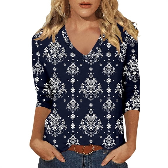 CONZONE Womens T-Shirts 3/4 Sleeve T Shirts for Women Casual V Neck Floral Graphic Lightweight Tees Soft Cozy Athletic Tops