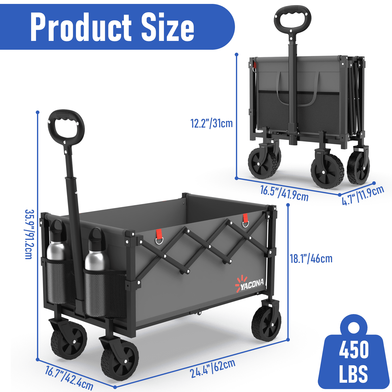 Yacona Wagons Carts Foldable, 450 lb Capacity Folding Wagon Cart with Wheels for Camping, Garden, Shopping, Gray