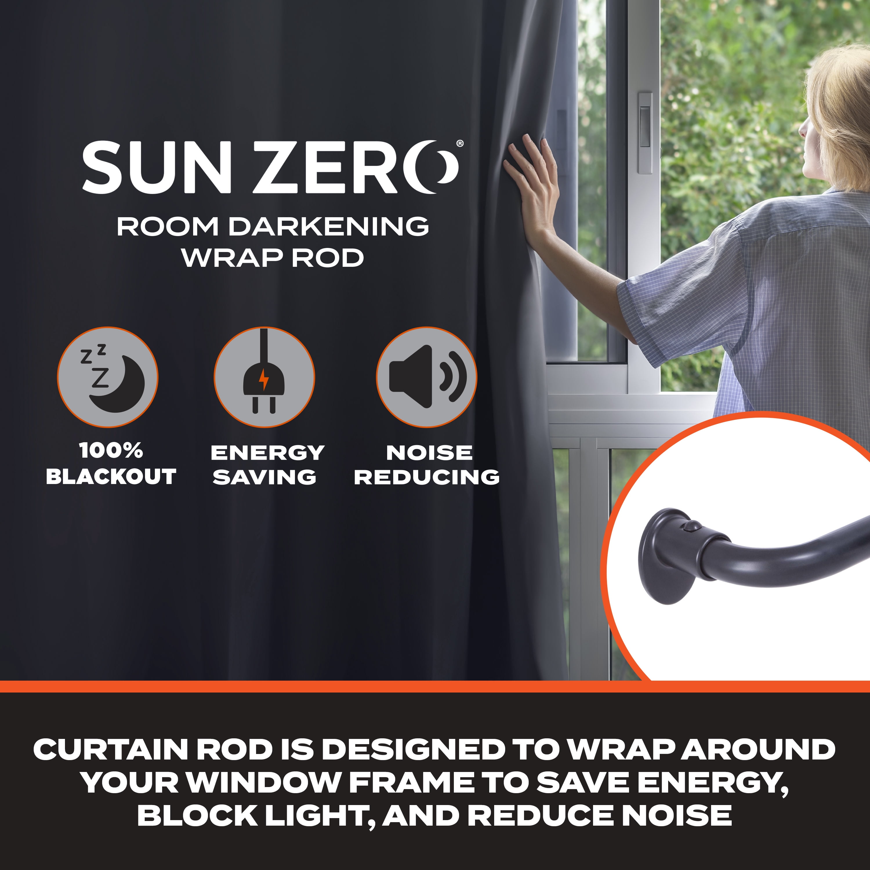 Sun Zero 5/8" Wrap Around Blackout Curtain Rod, 28-48”, Black