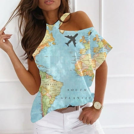 

Cutout One Shoulder Tops for Women Funny Map Print Summer Halter Neck Tunic T-Shirts Loose Fit Casual Short Sleeve Blouses