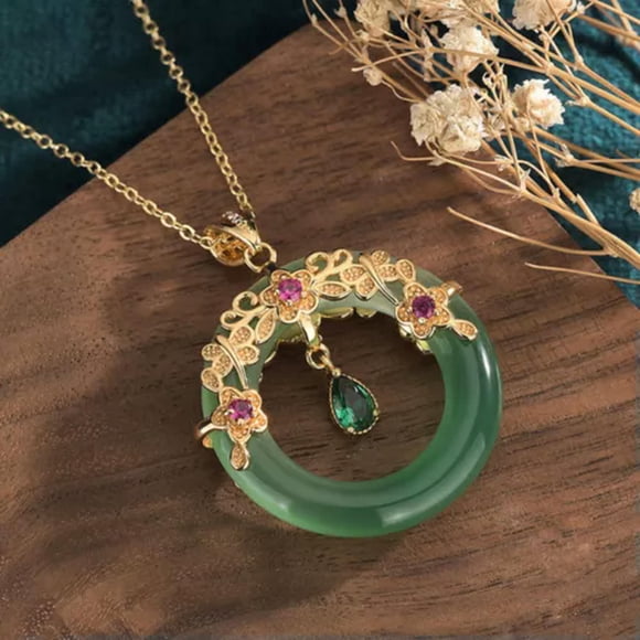 HOOUN Jade Jewelry Lucky Ring Shape Charm Pendant with Chain Necklace Gold Plated