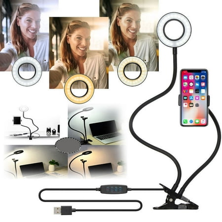 Selfie Ring Light Cellphone Holder, EEEKit Ring Light Stand Clip Adjustable 3 Light Modes 10-Level Brightness 360 Rotating for Live Stream Makeup Video Chat Facebook YouTube