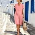thumbnail image 5 of AKOEE Women's Summer Dress Cotton Linen Pleated V Neck Boho Beach Knee Length Short Dress with Pockets (3XL, Pink), 5 of 8