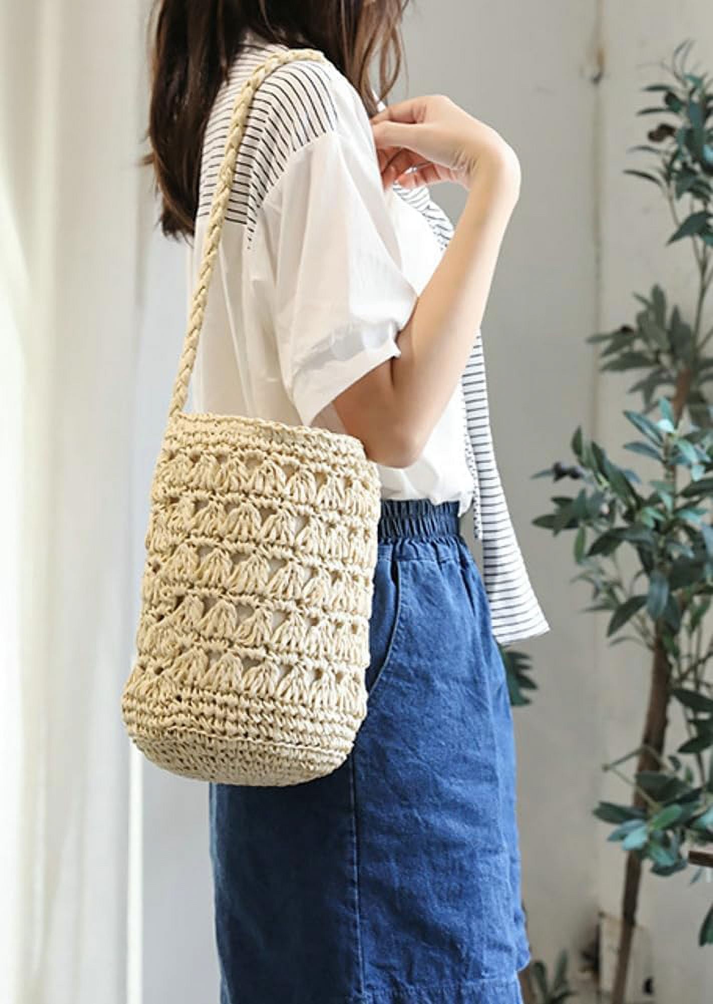 Straw Bag for Women Summer Beach Shoulder Purse Tote Handbag Woven Large Rattan Bucket Top Handle Satchel for Vacation