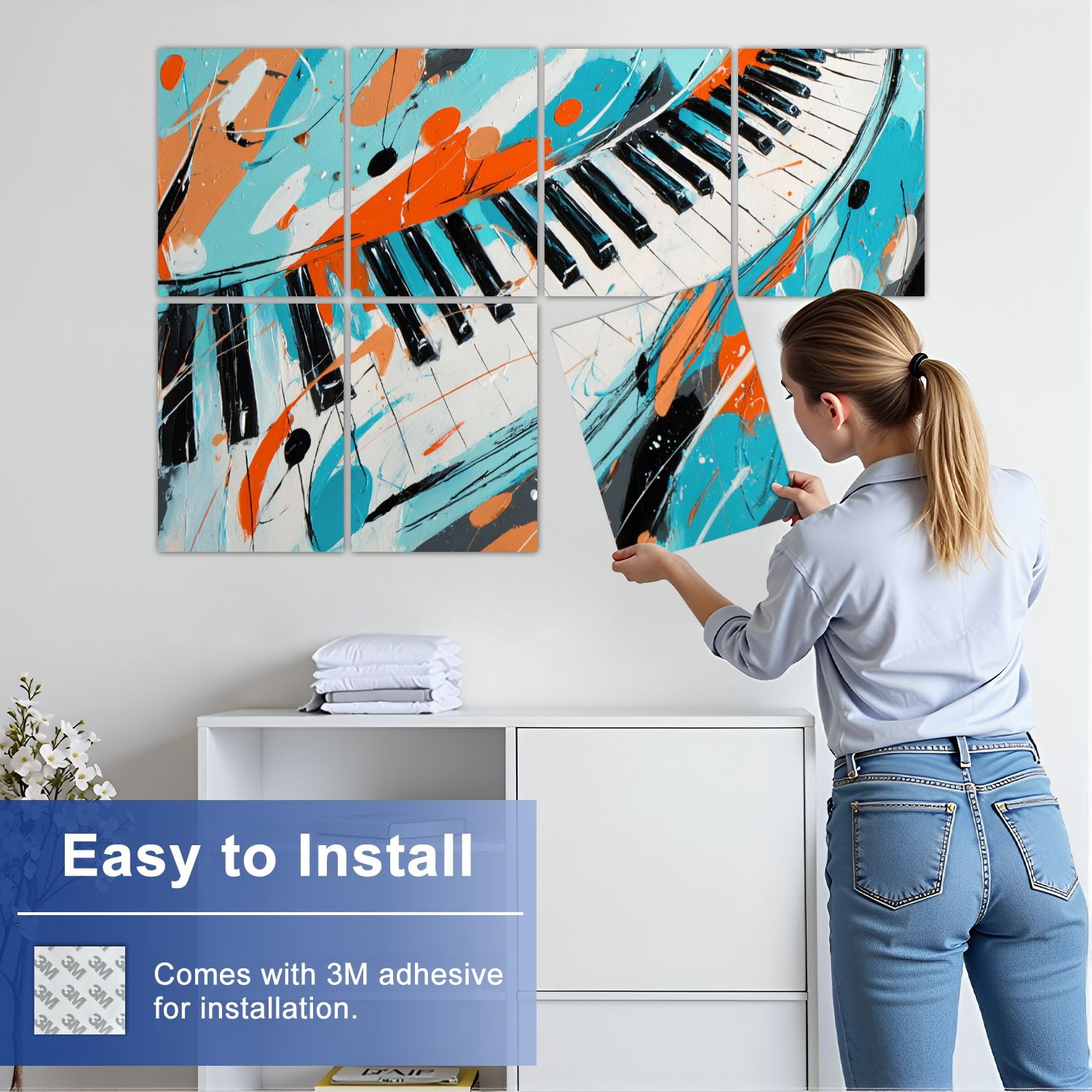 8 Pack Art Acoustic Panels Sound Absorbing Abstract Piano Keyboard Musical Notes Splash Graffiti Curved Piano Decorative Soundproof Wall Panels Self Adhesive for Nursery Game Room Bedroom 48"x32"
