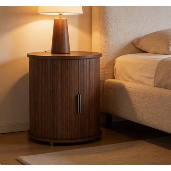 2-Tier Round End Table with Built-in Charging Station & Sliding Door,Walnut Side Table Nightstand, Durable End Tables Living Room for Bedroom Entryway