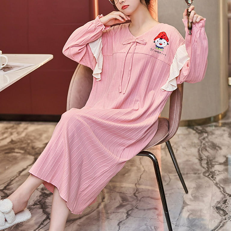 Homgro Women's Cute Long Sleeve Nightgown Padded Midi Sleep Dress Ruffle  Nighty Cotton Sleepwear Pink 8-10