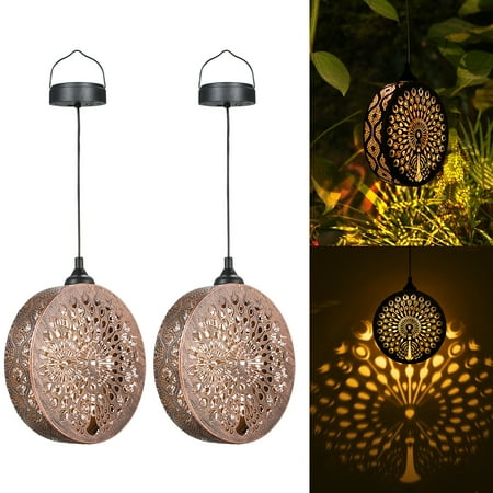 

Neoglint 2 Pack Outdoor Solar Hanging Lantern Lights Metal LED Waterproof Decorative Light with Hollowed-Out Peacock Design for Garden Patio Courtyard Balcony Porch
