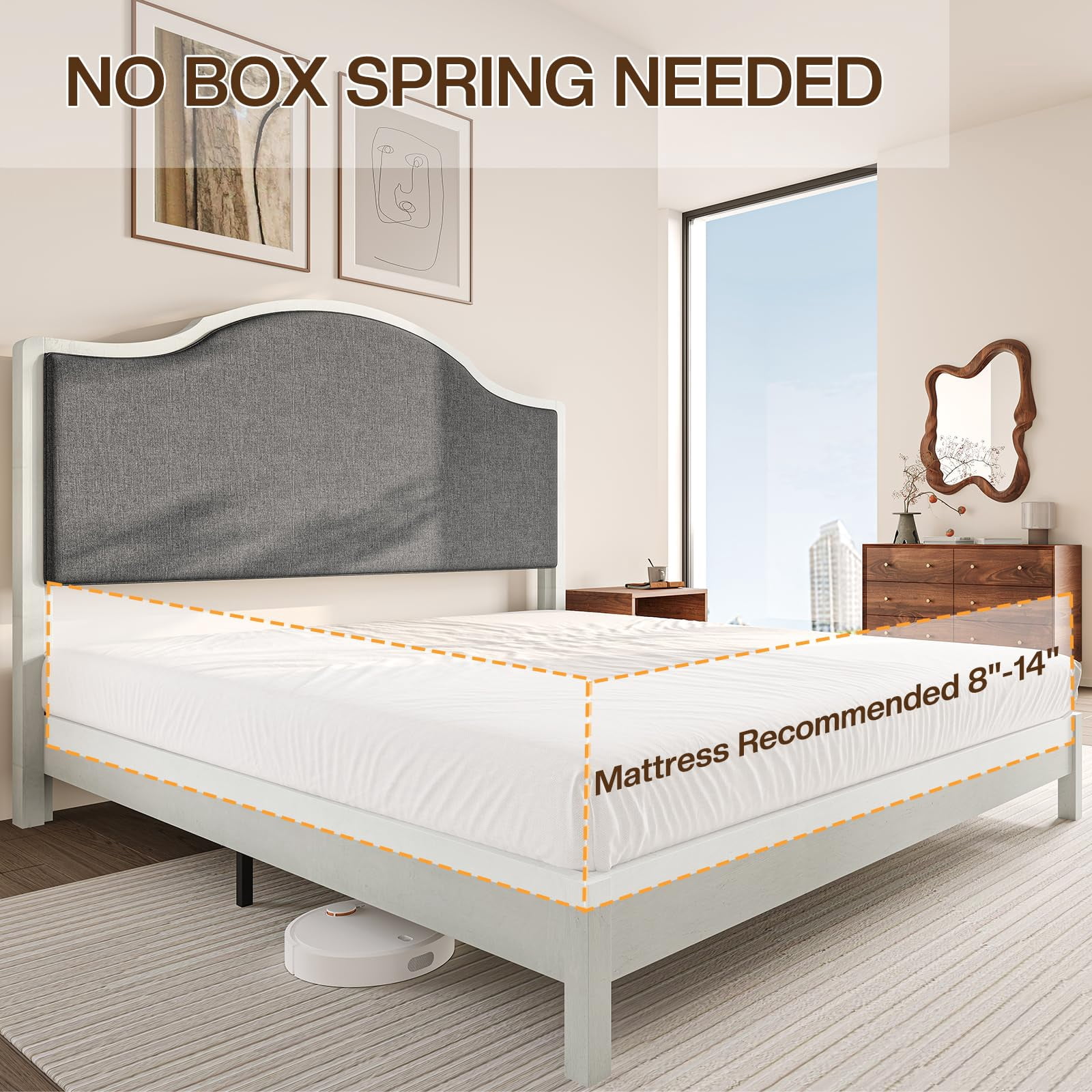 Merluxy Wooden Platform Bed Frame King with Upholstered Headboard Solid Wood Bed, No Box Spring Needed, White