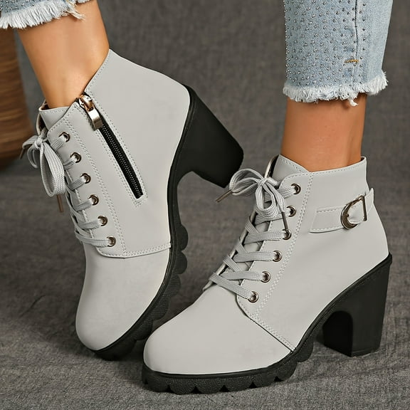Women's Ankle Boots Thick Mid Heel Lace Up Round Toe Platform Ankle Booties Solid Versatile Comfortable Combat Boots (Gray,37)