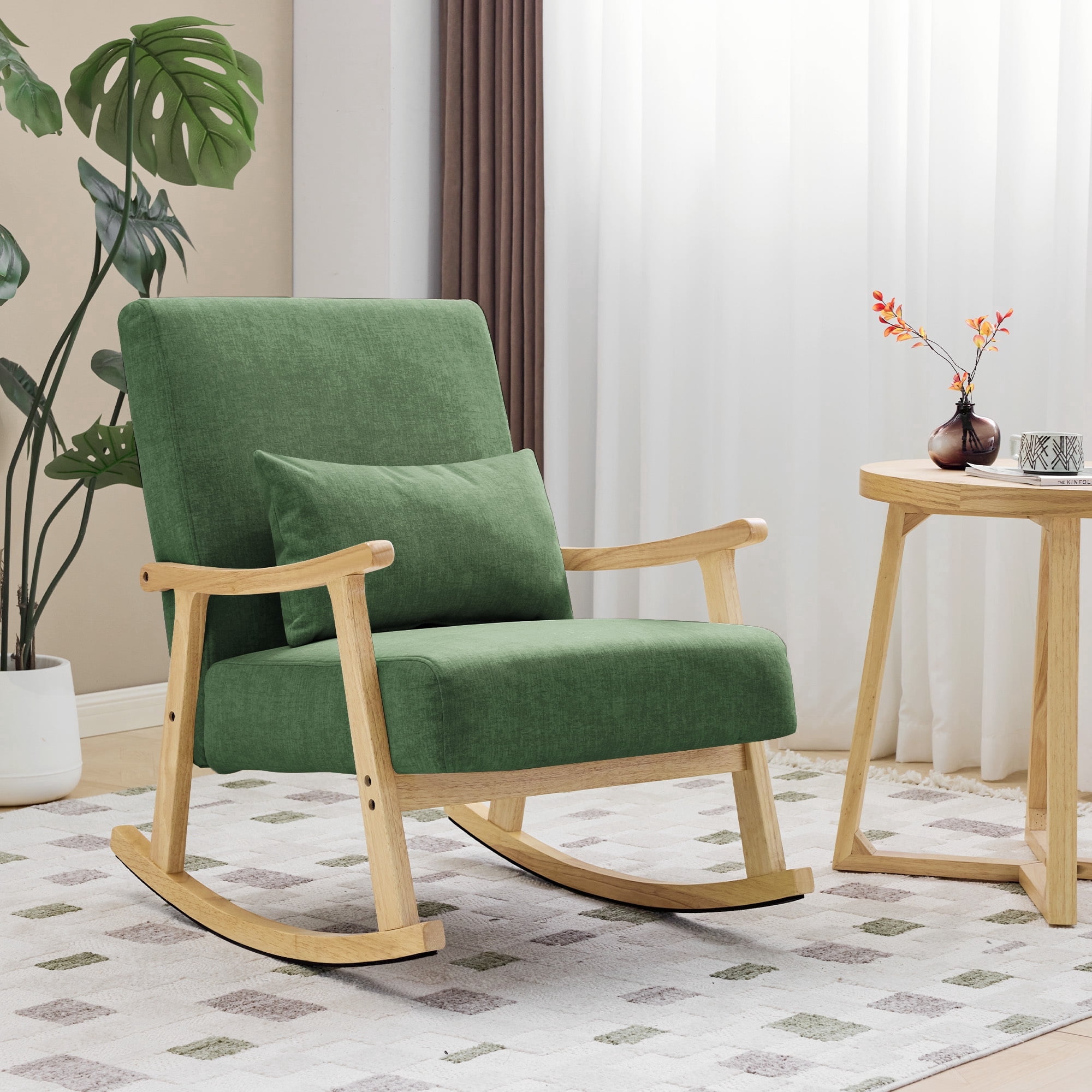 AUNEKIV Mid Century Modern Rocking Chair with Pillow Upholstered Nursery Glider Accent Rocking Chair, Solid Wood Frame Rocker for Bedroom, Comfortable Reading Feeding Armchair, Green