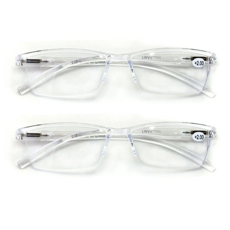 2 Pairs Lightweight Transparent Clear Rectangular Unisex Readers with Spring Hinge - Reading