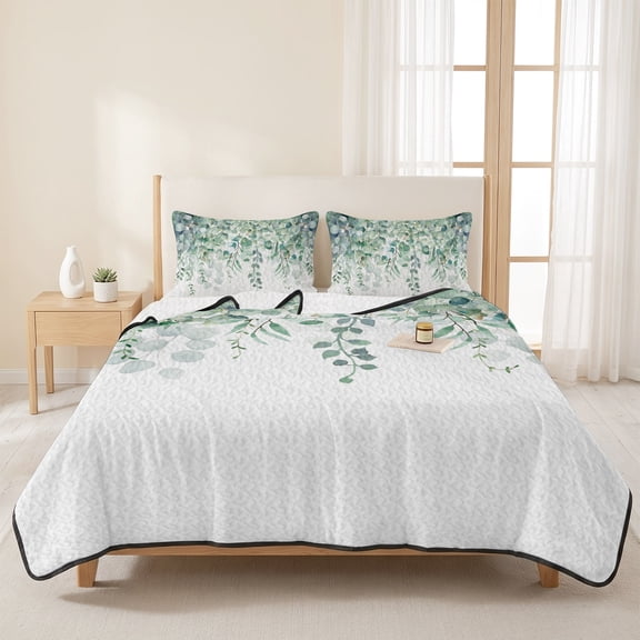 3 Pieces Queen Quilt Set,Green Eucalyptus Leaf on White Soft Bedding Sets with 1 Quilt & 2 Pillow Shams,Fallen Leaves Watercolor Summer Bedspread Lightweight Coverlet Comforter for All Season