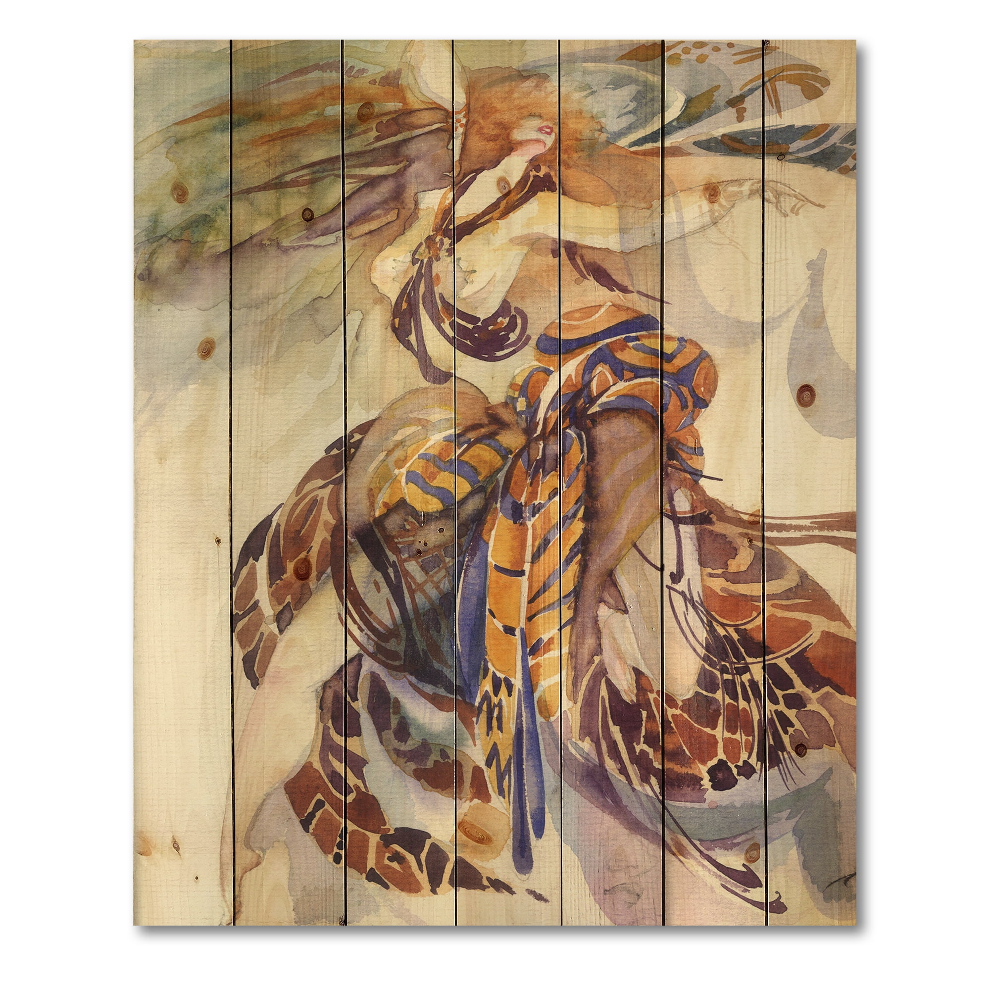 Designart 'Allegory of Paradise Bird Woman Portrait' Traditional Print on Natural Pine Wood