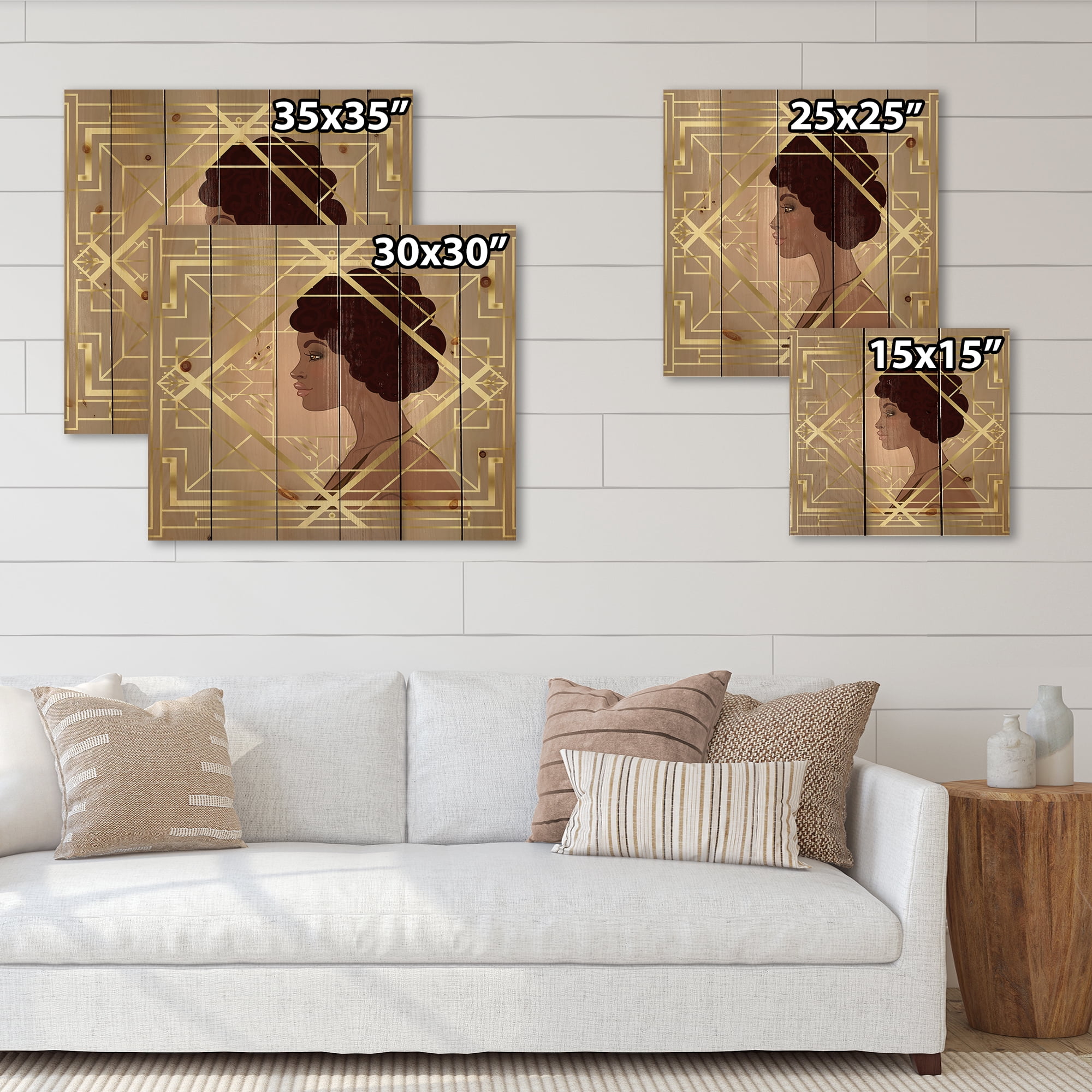Designart 'Retro Girl In Golden Art Deco Geometrics II' Modern Print on Natural Pine Wood