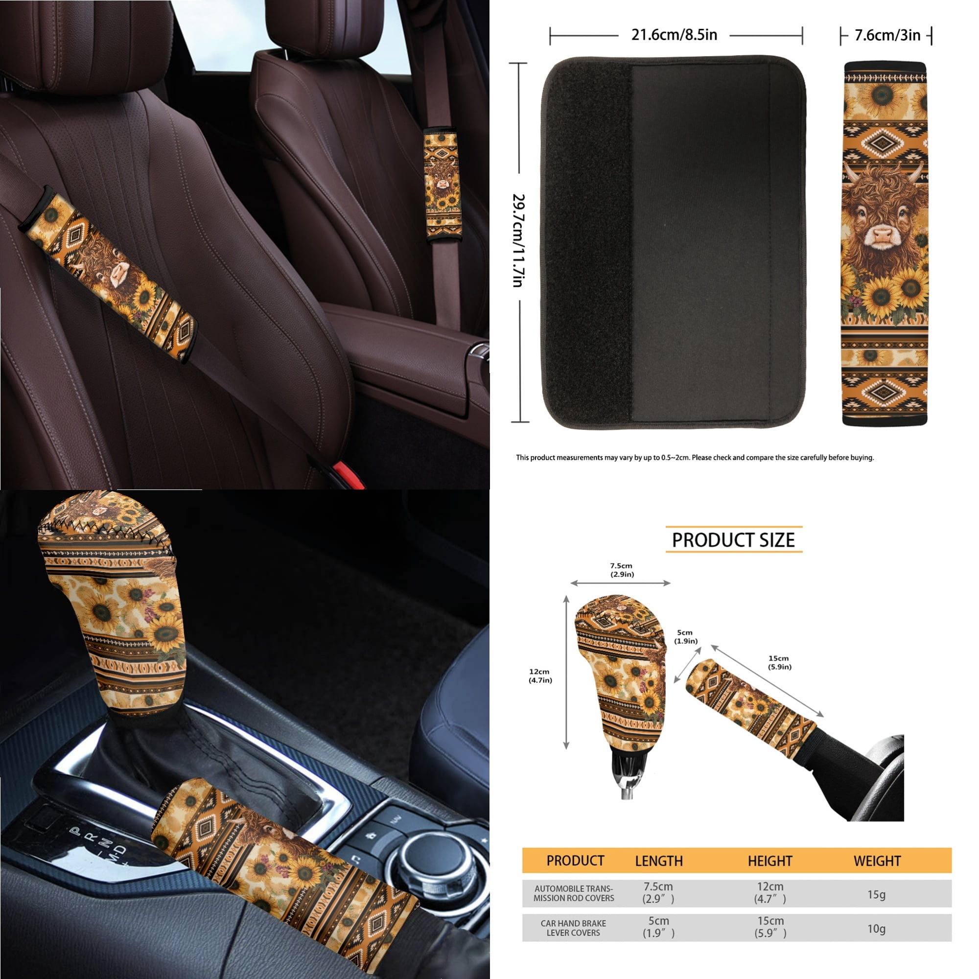 Renewold American Tribal Highland Cow Sunflower 14 PCS Car Seat Cover Full Set with Steering Wheel Seat Belt Strap Pads Cup Coasters Trash Bag Rearview Mirror Armrest Pad Handbrake Cover Set