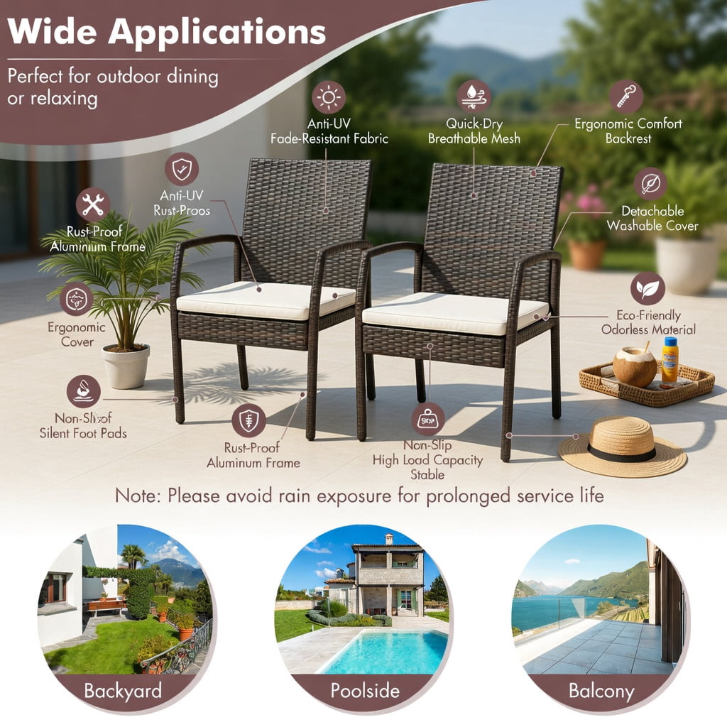 Hommoo 2-Pack Outdoor Wicker Dining Armchairs with Removable Off-White Cushions, PE Rattan Patio Chairs for Backyard, Porch & Poolside, Black
