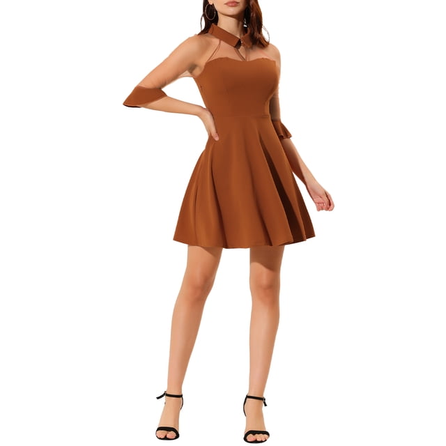 INSPIRE CHIC Robe pour Femme en Maille Transparente Manches 3/4 Goutte d'Eau Ligne A Robe Courte de Soirée S Caramel