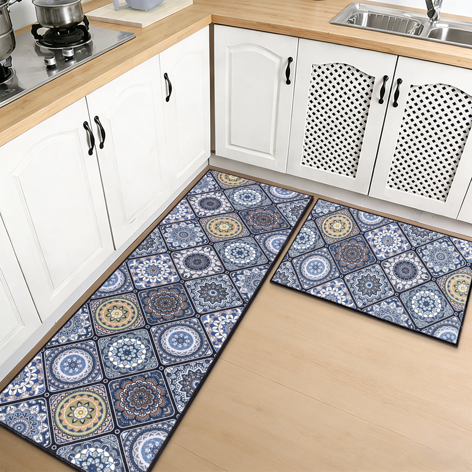 Findosom 2pc Boho Kitchen Rugs and Mats Set, Non Slip Washable Kitchen Runner Rug for Kitchen Floor, Farmhouse Kitchen Decor, Hallway, Entryway, Laundry Room,20"x32"+20"x47" Blue