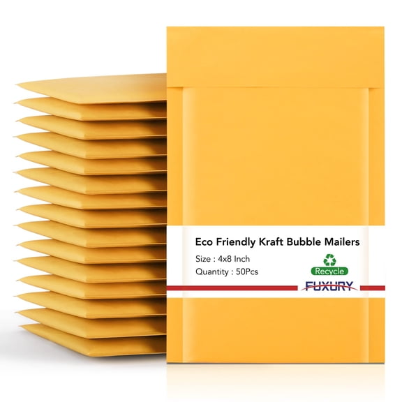 50 Pack 4x8 Inch Bubble Mailers, Durable Kraft Padded Envelopes, Self-Sealing Waterproof Shipping Bags for Photos, Cards, USB Drives, Small Accessories, Yellow