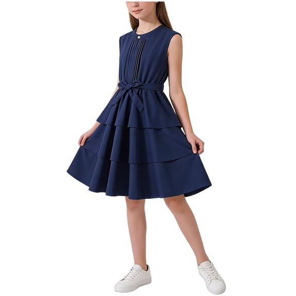BLTIBY Tween Girls Elegant Dresses Kids Summer Ruffle Sleeveless Dress with Belt Blue 8-9 Years