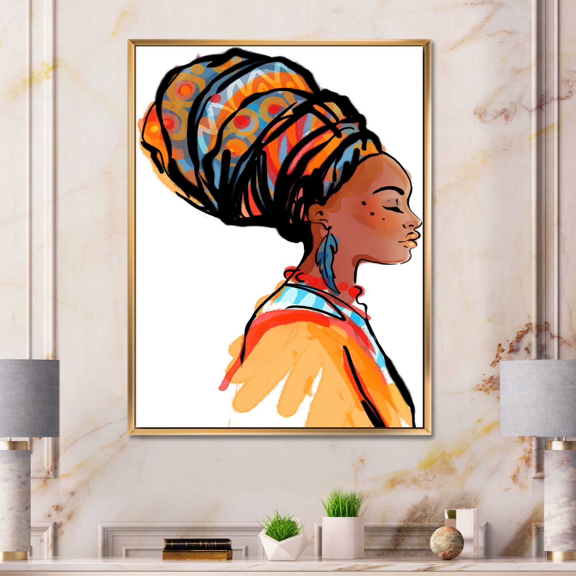 Designart 'Afro American Woman with Turban I' Modern Framed Canvas Wall Art Print