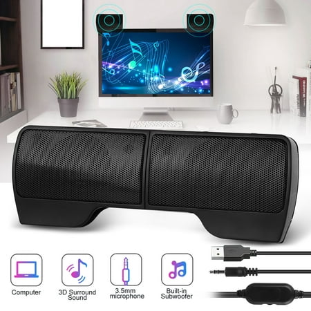 TSV Computer Speakers for Laptop, Mini Clip-on Stereo Sound Bar USB Powered PC Speaker with Surround Bass, Volume Control, 3.5mm Aux Wired Speaker for Desktop Monitor Notebook Tablets Smartphone
