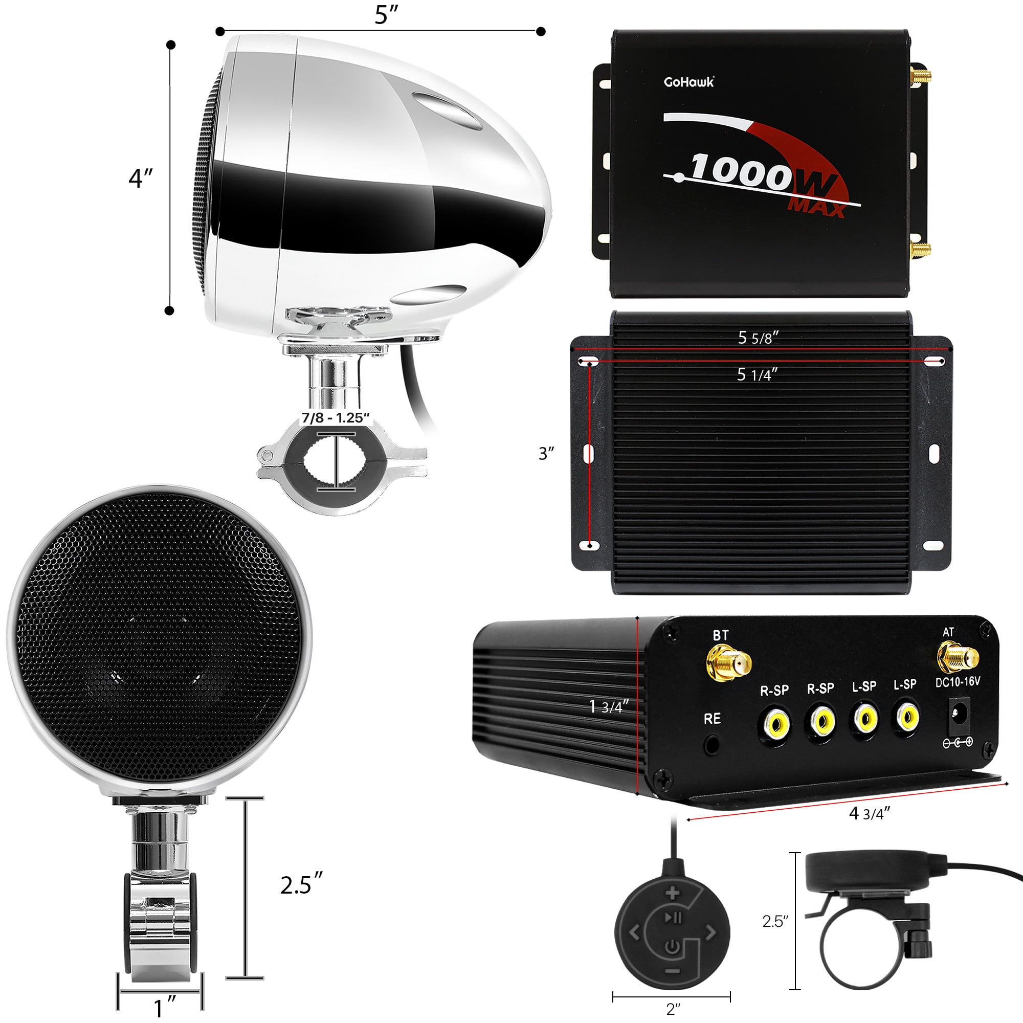 GoHawk 4" Waterproof Motorcycle Bluetooth Speakers Stereo Amplifier Audio System Harley ATV FM Radio