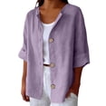 thumbnail image 5 of Only Moment Button Down Shirts for Women 3/4 Sleeve V Neck Wash Cotton Casual Loose Long Sleeve Solid Lapel Long Blouses Tops with Pockets Light Violet,XL, 5 of 9