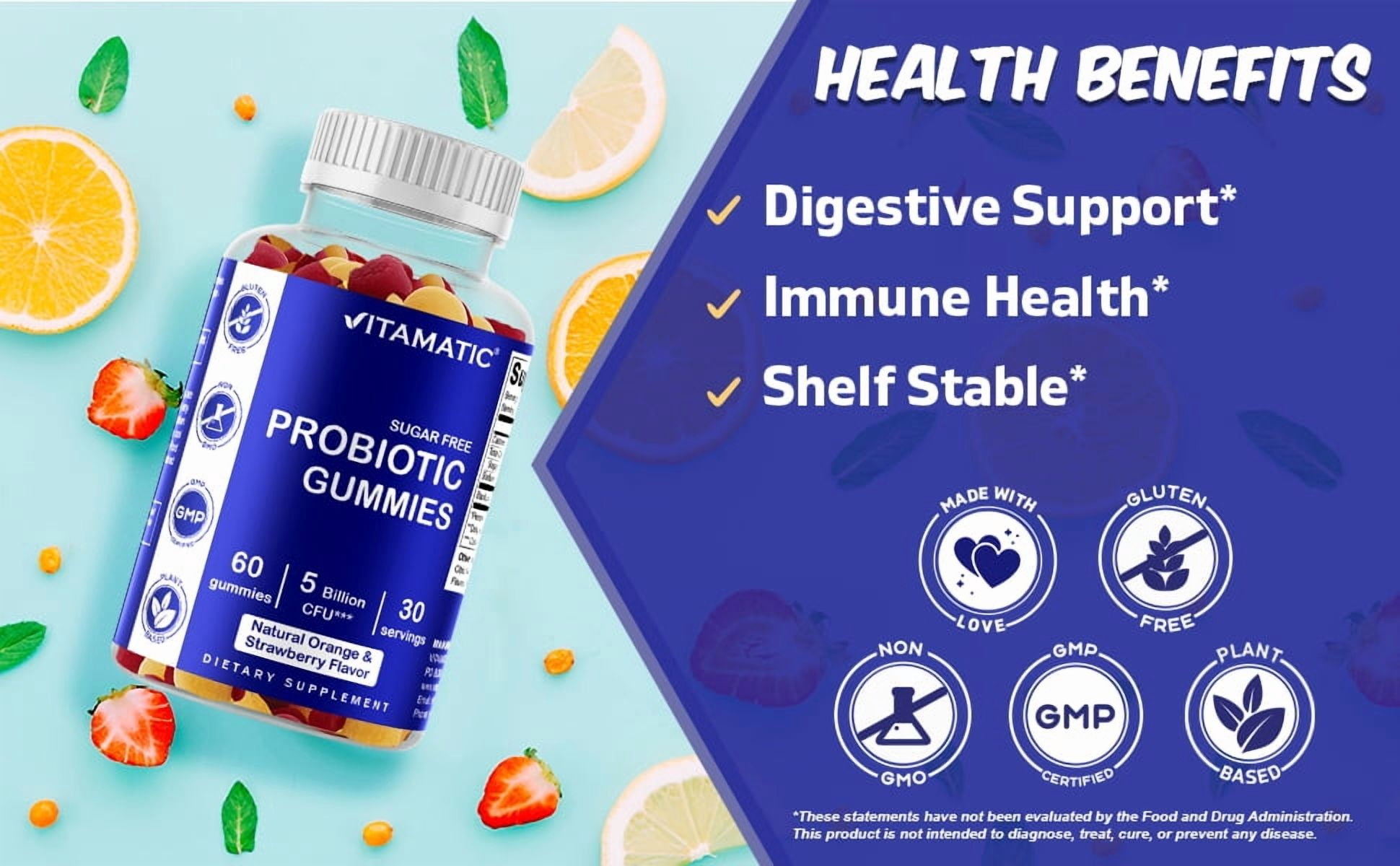 2 Pack Vitamatic Sugar Free Probiotic Gummies for Men and Women 5 Billion CFUs - Digestive, Immune & Gut Health - Gluten Free