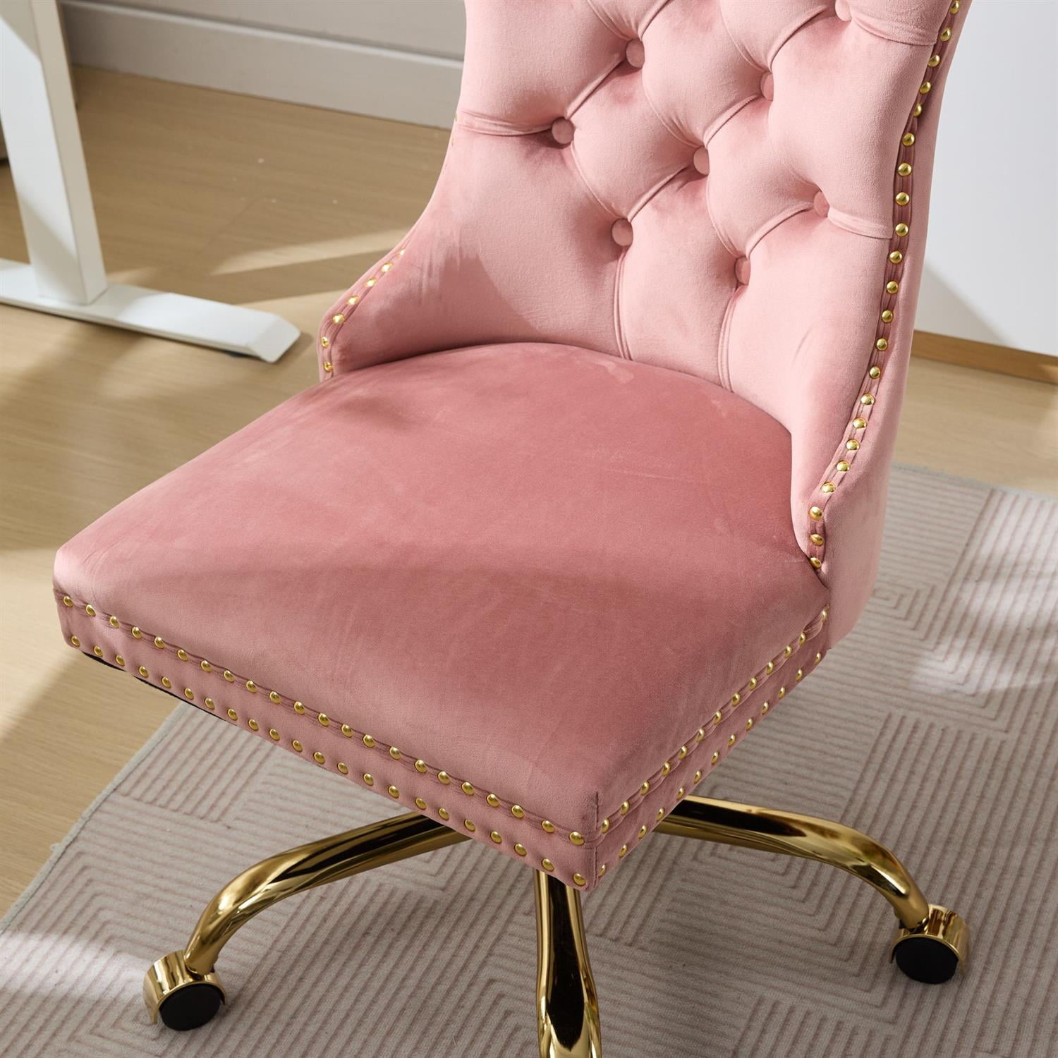 Demi Bonn 38" Tufted Button Velvet Upholstered Desk Chair with Adjustable Swivel, Metal Base for Home Office, Study, Pink