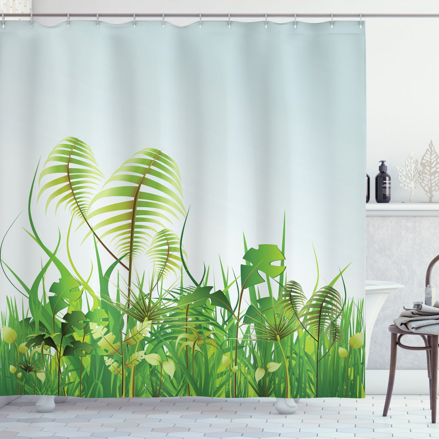 Tropical Jungle Green Plants Parrots Fabric Shower Curtain Hooks Bathroom Mat 