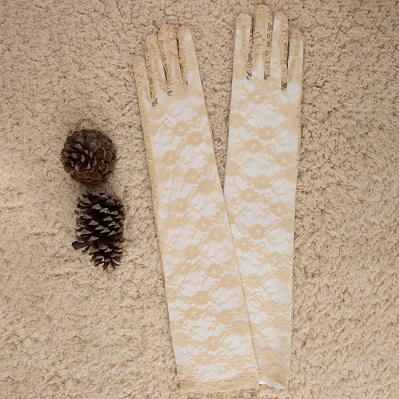 ERDOUY 2pcs 20.86inch Women-Floral-Long-Lace-Gloves for Lady-Bridal-Wedding-Halloween-Cosplay-Party-Beige