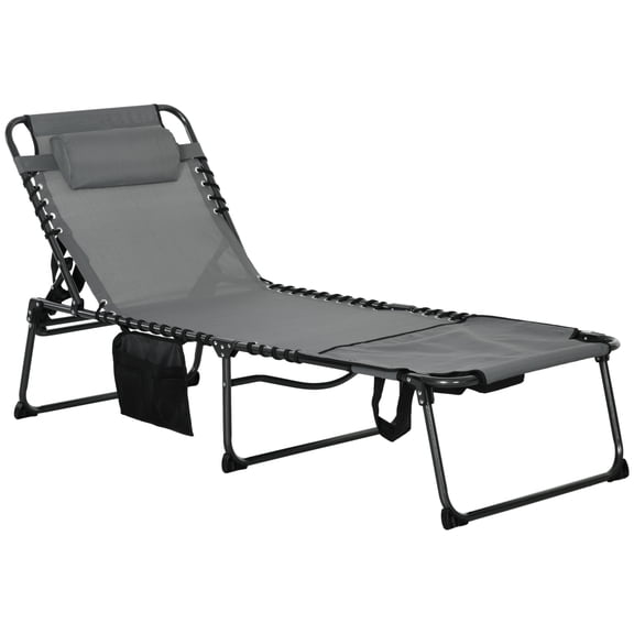 Adjustable Folding Chaise Lounge Chair, Portable Outdoor Reclining Lounger with Headrest and Side Pocket, Padded Patio Lounge Bed for Poolside, Backyard, Beach and Camping, Gray