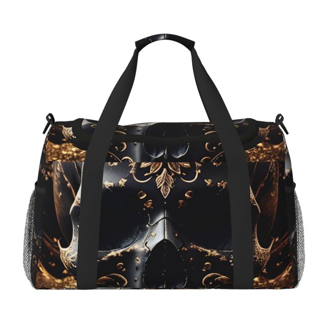 Balery Gold Pattern Black Skull Bolsa de Gimnasio para Mujeres, Bolsa de Viaje con Bolsillo Húmedo, Bolsa de Fin de Semana para Mujeres, Bolsa de Viaje Resistente al Agua
