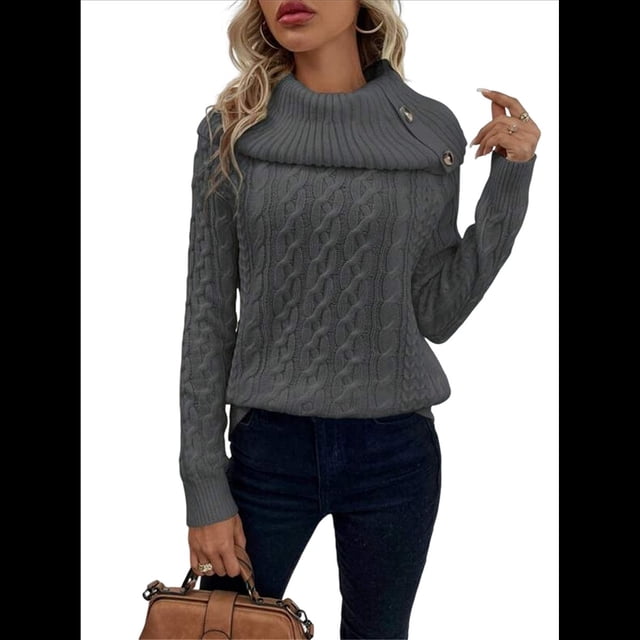 Suéter de Mujer con Cuello Alto y Mangas Raglán de Punto Gris Oscuro L