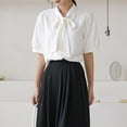 thumbnail image 2 of Olyvenn Elegant Bow Patchwork Shirt Tops V Neck Short Sleeve Solid Color Loose Blouse Sweet Fashion Women Clothing White M, 2 of 4