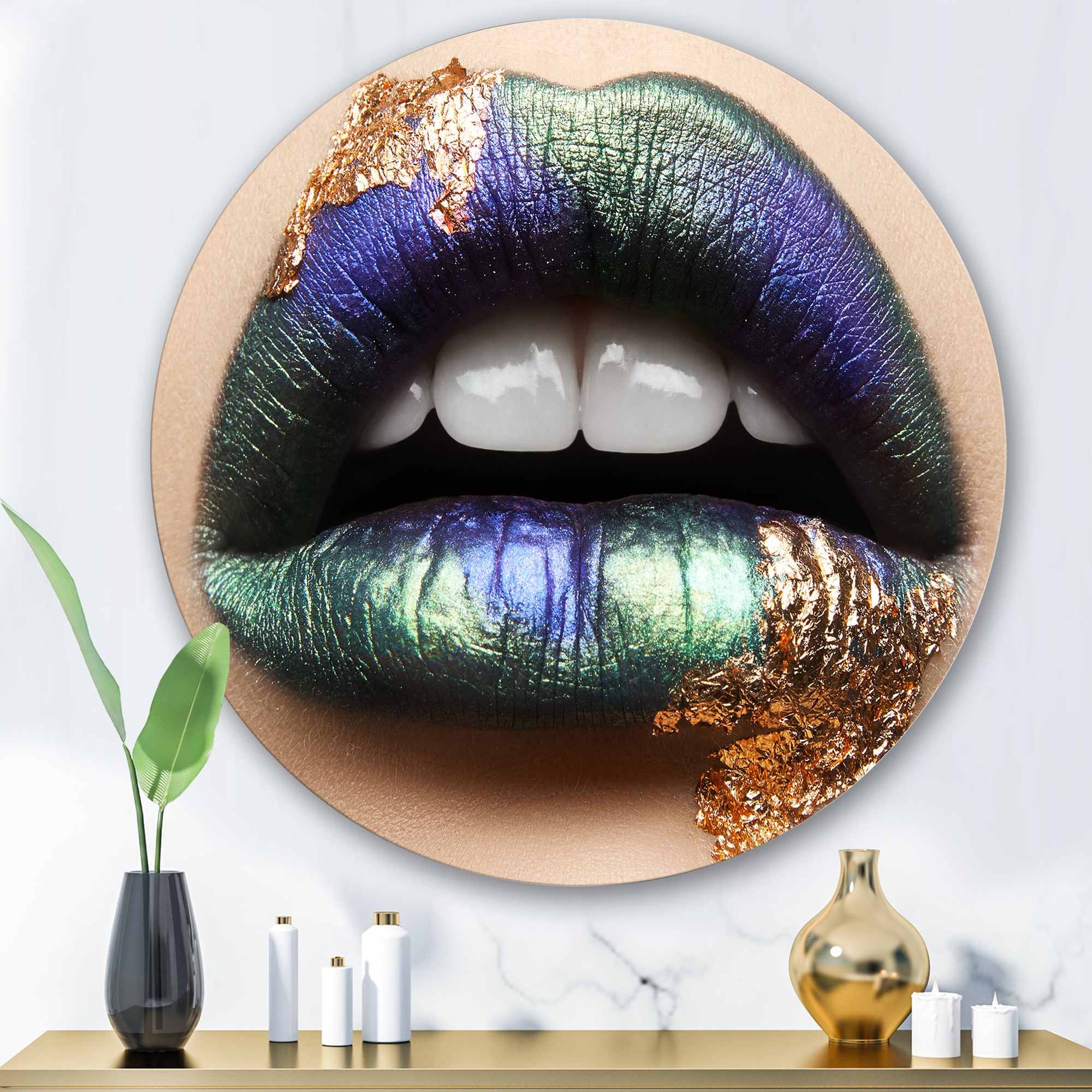 Designart 'Woman Lips With Green Lipstick & Teeth' Modern Circle Metal Wall Art 36x36 - Disc of 36
