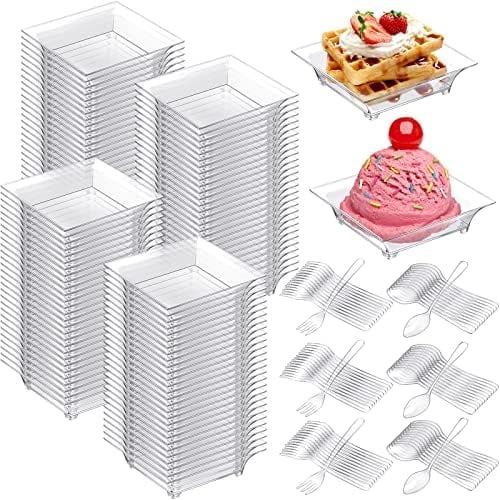 300 Pack Mini Appetizer Plates Disposable Mini Clear Plastic Dessert Plates with 150 Pack Plastic Forks and 150 Spoons for Wedding Party Dishes