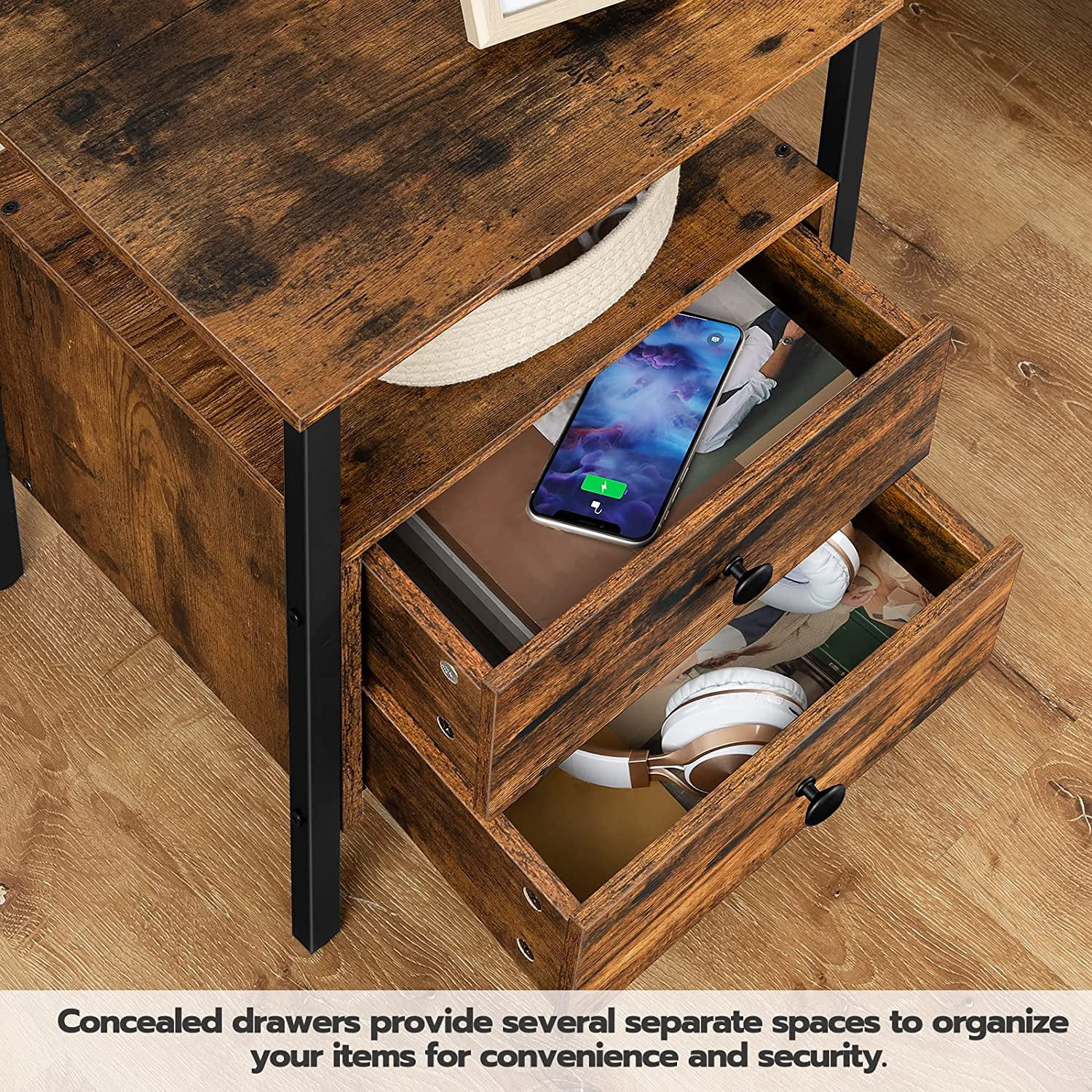 HOOBRO Nightstands Set of 2 with 2- Drawer and Charging Station Living Room Bedroom Brown BF431BZP201