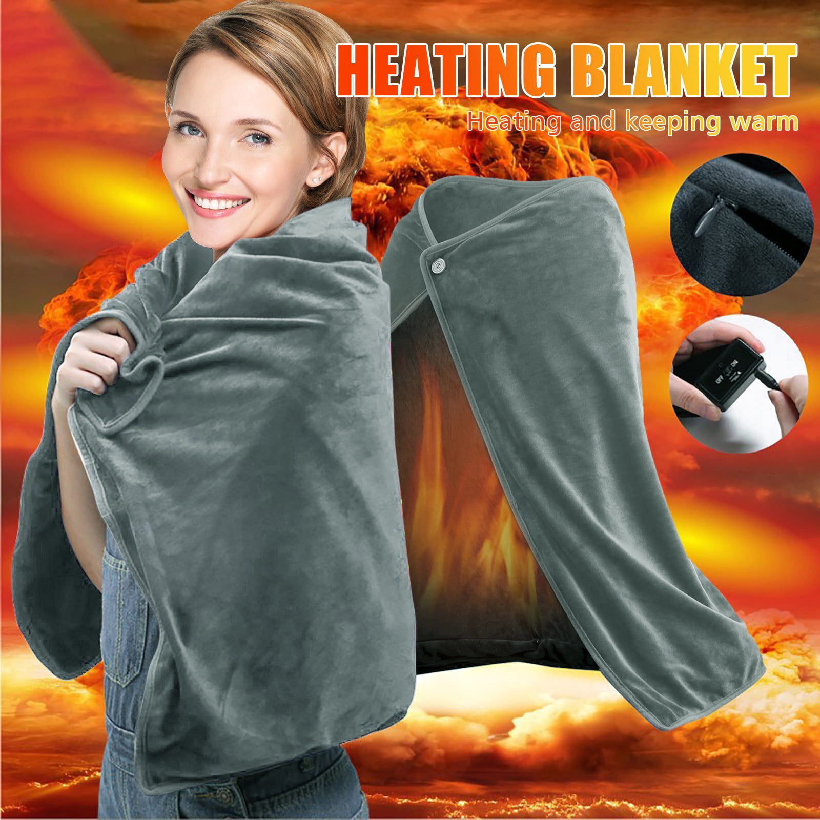 Fdelink Blanket Usb Heated Shawl Electric Heated Blanket Plush Flannel Blanket with 3 Heat Level Setting for Car Office Home Travel 100X70Cm Woollen Blanket (Grey)