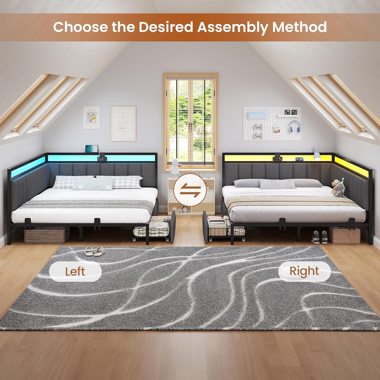 Queen Size Corner Bed Frame with 2 Storage Drawers&Charging Station&LED Lights, Queen Upholstered Platform Bed Frame Daybed for Bedroom, Gray