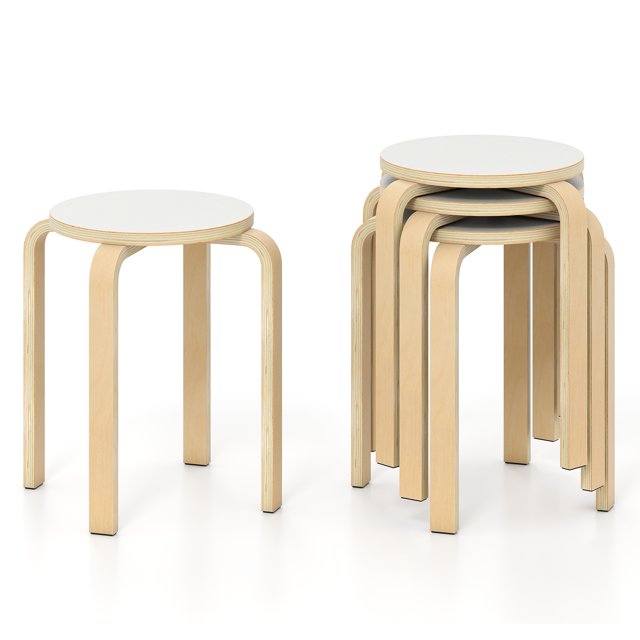 Gymax Set of 4 18'' Stacking Stool Round Dining Chair Backless Wood Home Decor White